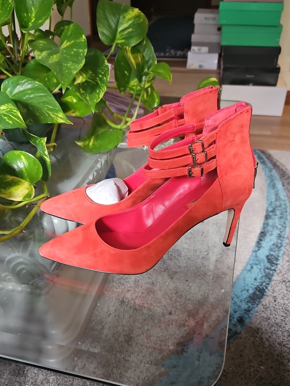 BCBGeneration Coral Suede Pointed-Toe Stiletto Pumps with Triple Ankle Straps
